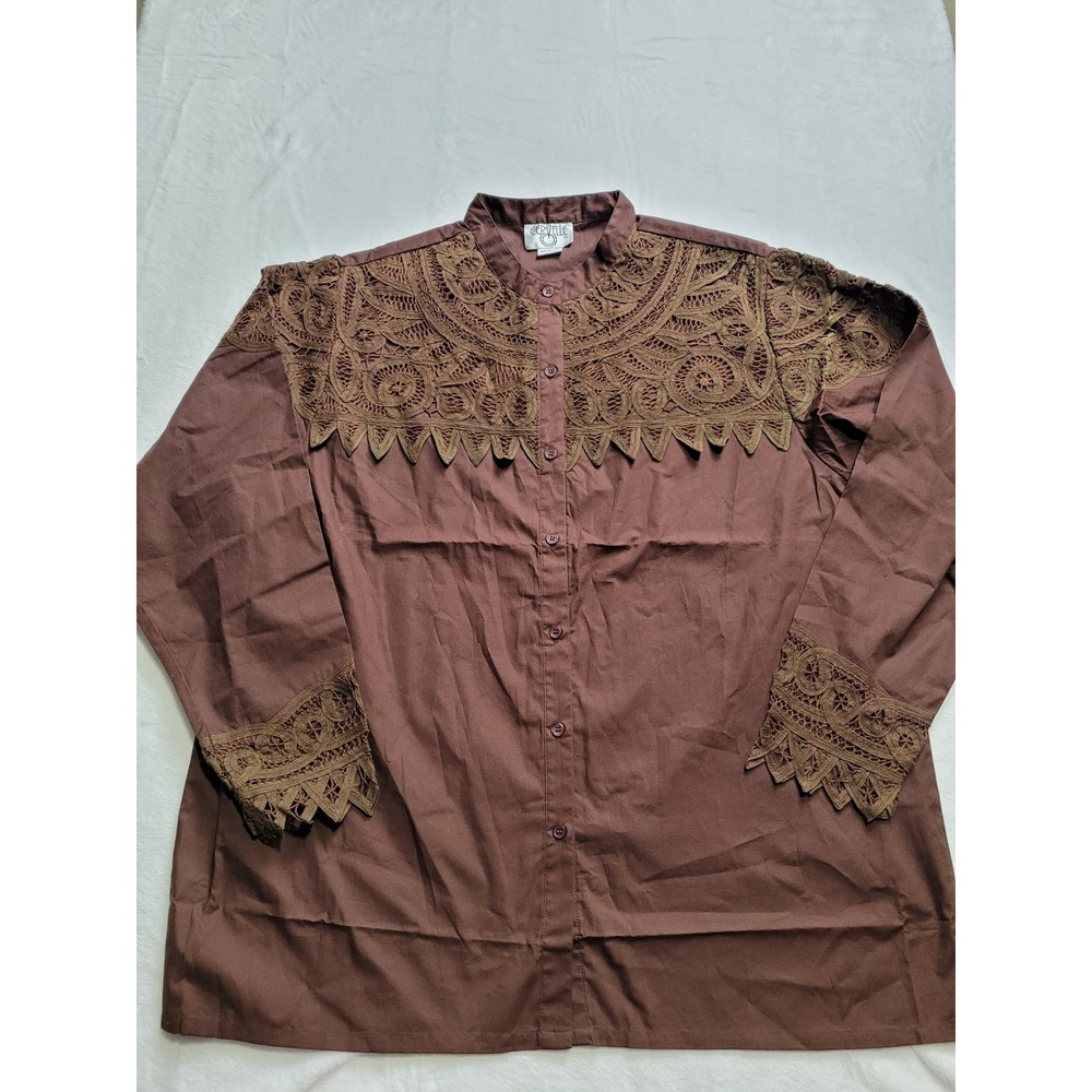 Cervelle Button Up Top Women XL Brown Crochet Lace Cotton Boho Yoke Western